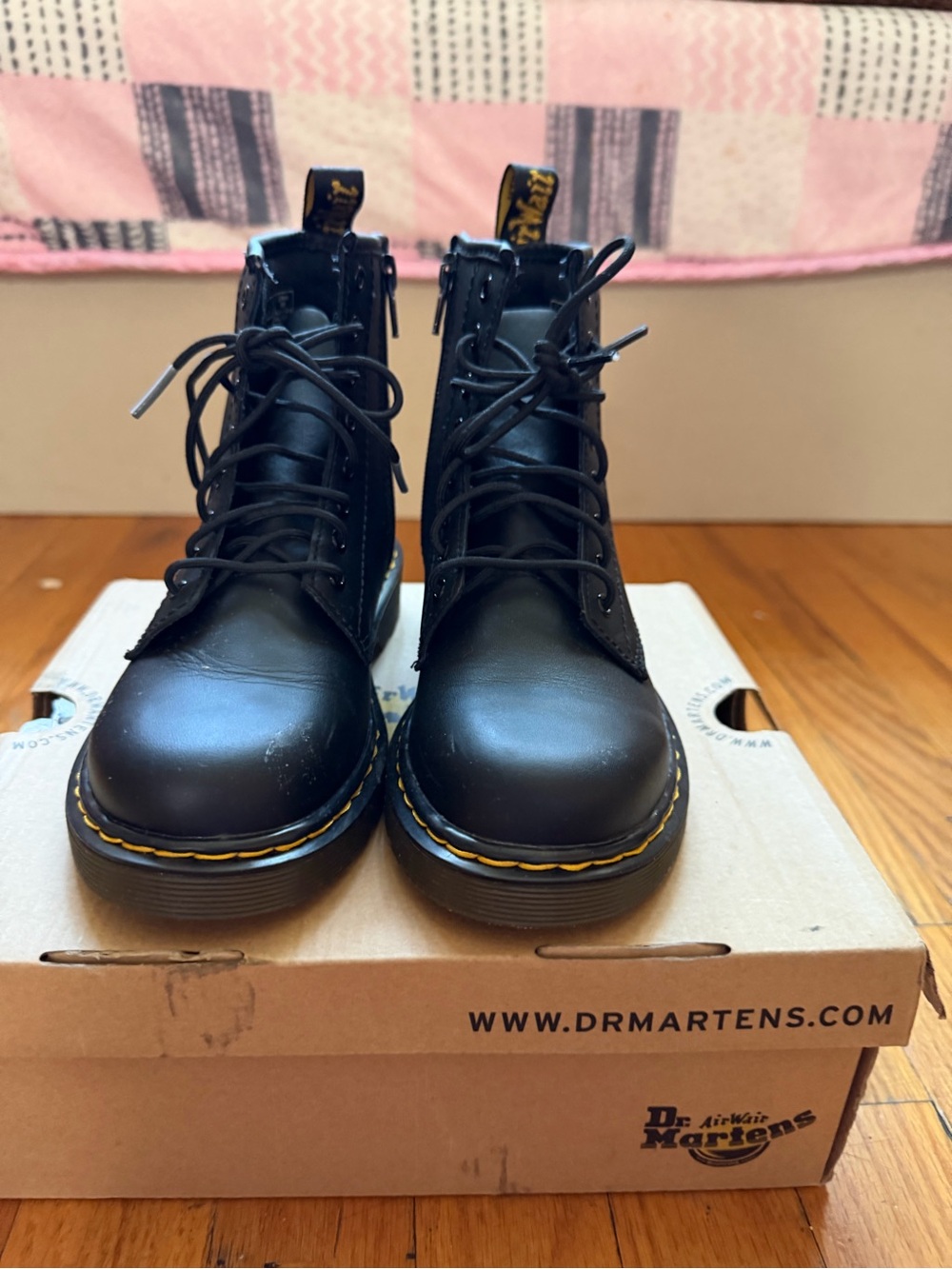 Dr. Martens Black Leather Lace-Up Ankle Boots with Yellow Stitching